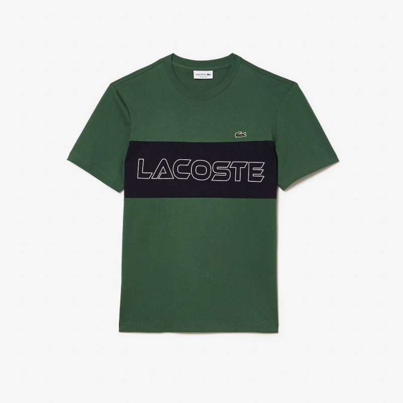 Men\'s Lacoste Regular Fit Printed Colorblock T-Shirt Dark Green Navy Blue | CES184365