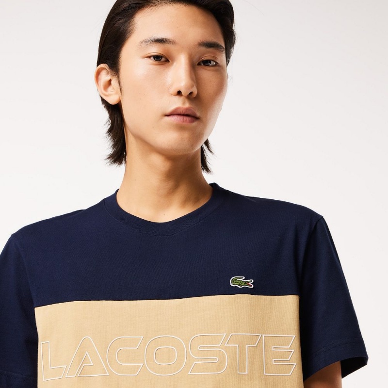 Men's Lacoste Regular Fit Printed Colorblock T-Shirt Navy Blue Beige | CLV456273