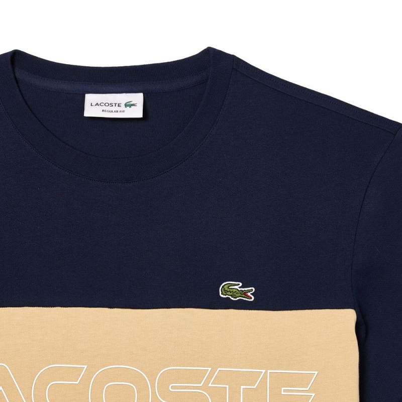 Men's Lacoste Regular Fit Printed Colorblock T-Shirt Navy Blue Beige | CLV456273