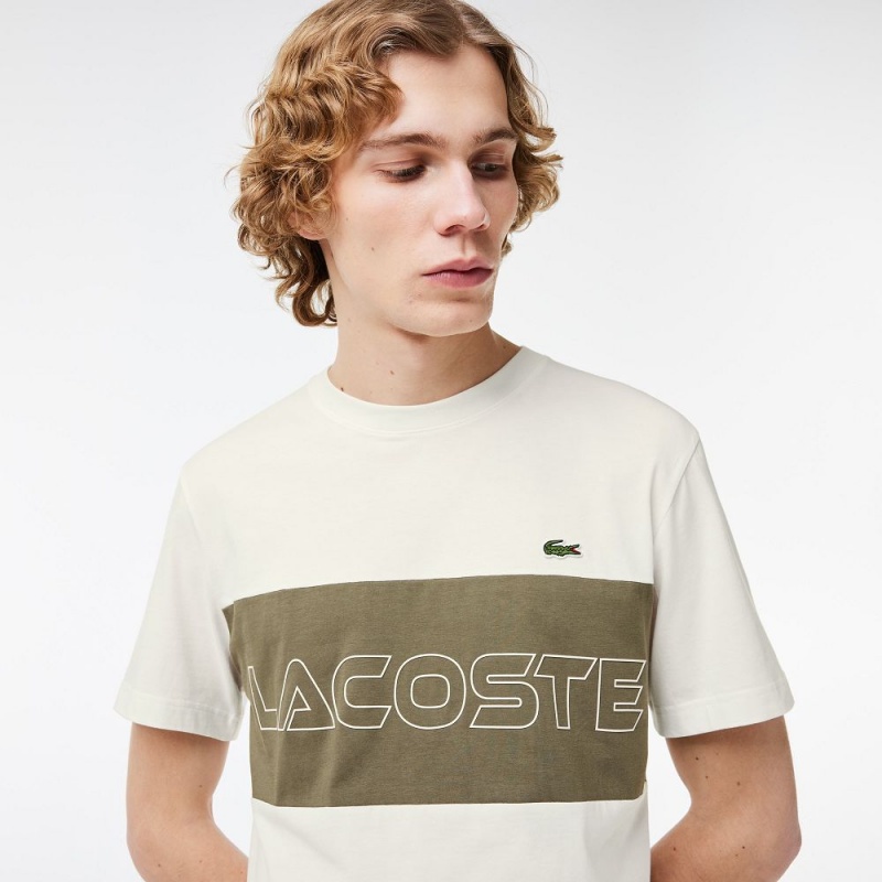 Men's Lacoste Regular Fit Printed Colorblock T-Shirt White Khaki Green | DYB463081