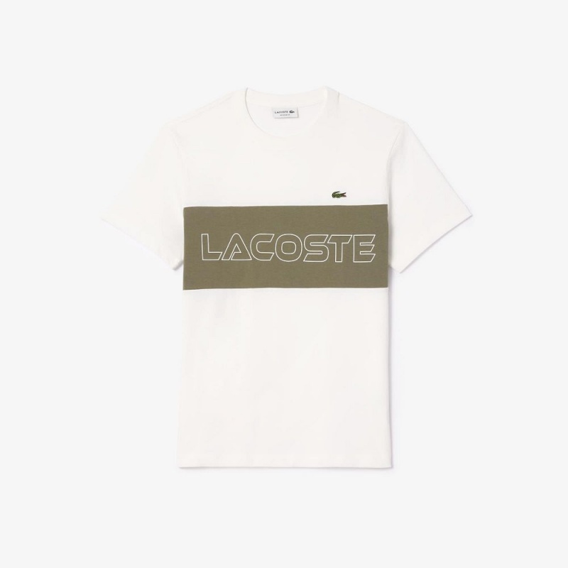 Men's Lacoste Regular Fit Printed Colorblock T-Shirt White Khaki Green | DYB463081