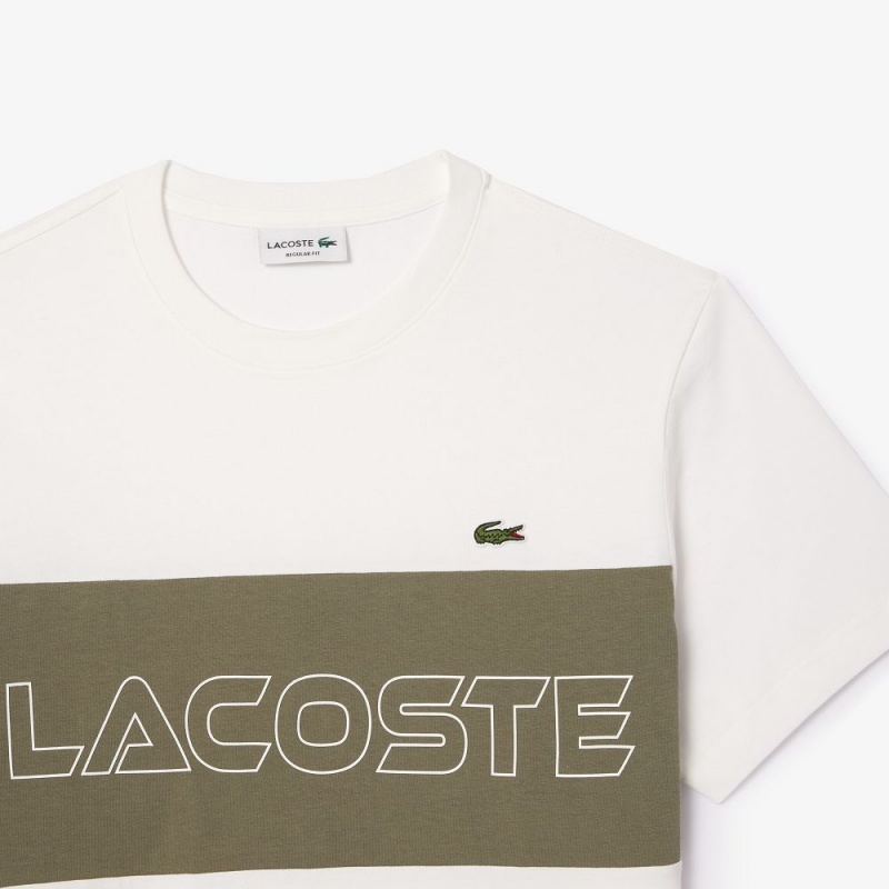 Men's Lacoste Regular Fit Printed Colorblock T-Shirt White Khaki Green | DYB463081