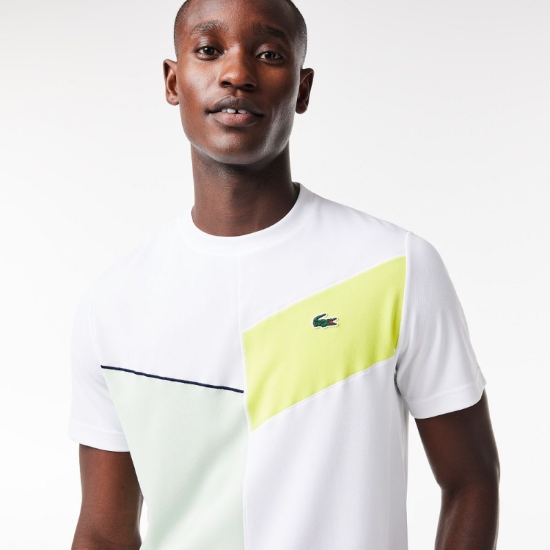 Men's Lacoste Regular Fit Seamless Tennis T-Shirt White Flashy Yellow Green Navy Blue | AHS426075