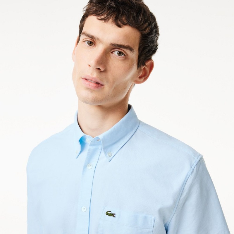 Men's Lacoste Regular Fit Short Sleeve Oxford Shirt White Blue | RHM154207