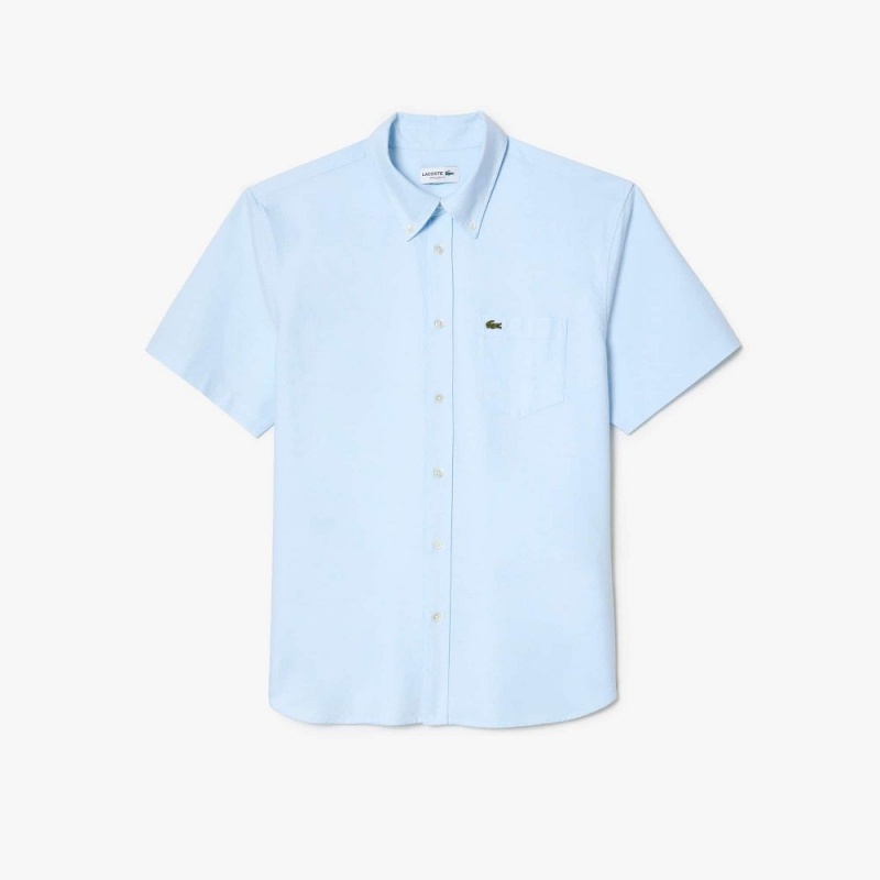 Men's Lacoste Regular Fit Short Sleeve Oxford Shirt White Blue | RHM154207