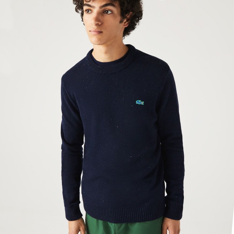 Men's Lacoste Regular Fit Speckled Print Wool Jersey Sweater Navy Blue | KWY264309