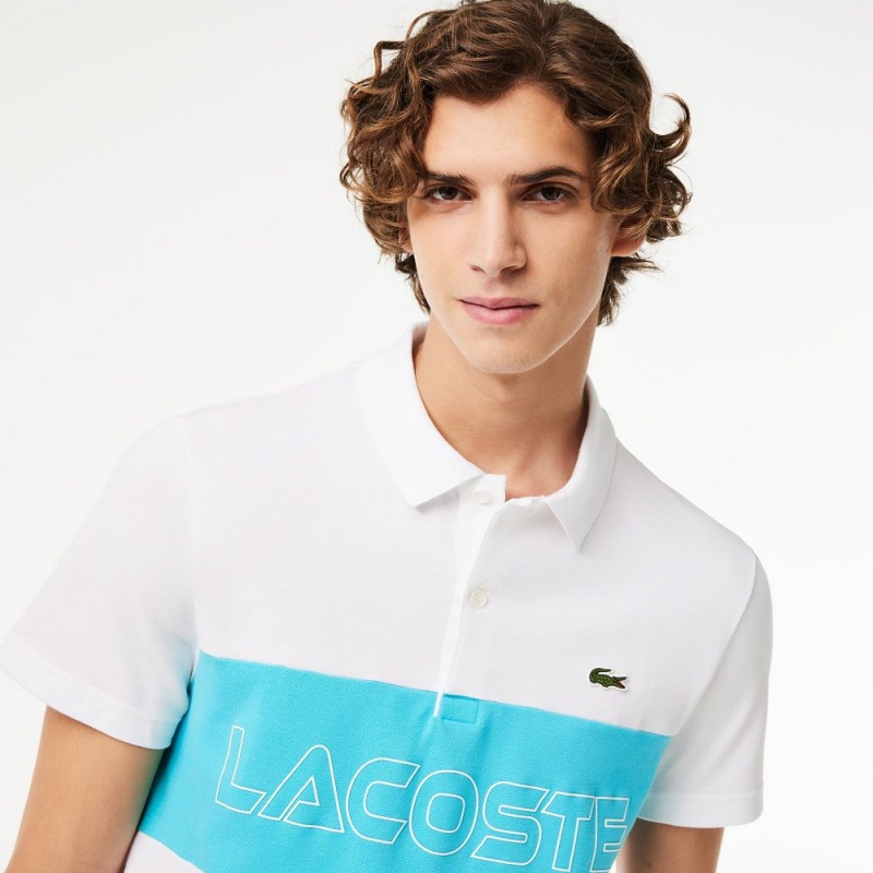 Men's Lacoste Regular Fit Stretch Piqué Colorblock Polo Shirts White Blue | YUZ485217