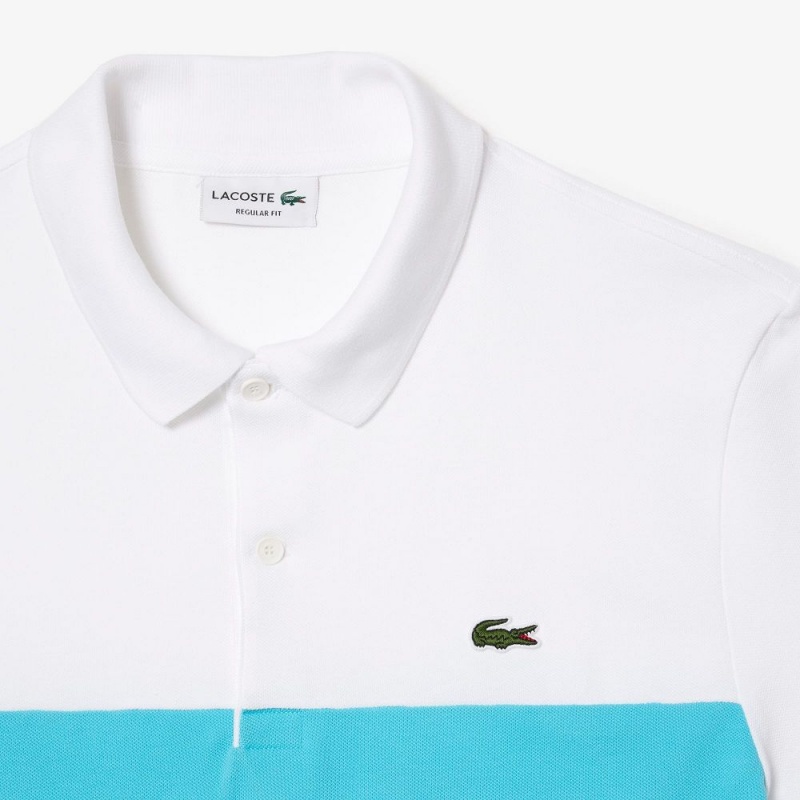 Men's Lacoste Regular Fit Stretch Piqué Colorblock Polo Shirts White Blue | YUZ485217