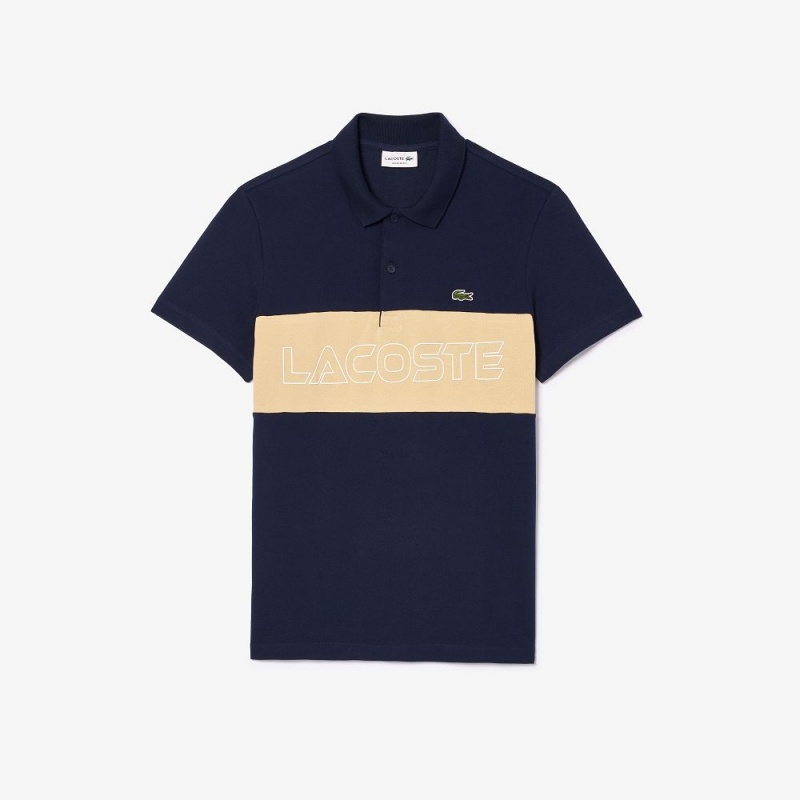 Men's Lacoste Regular Fit Stretch Piqué Colorblock Polo Shirts Navy Blue Beige | XGW670284