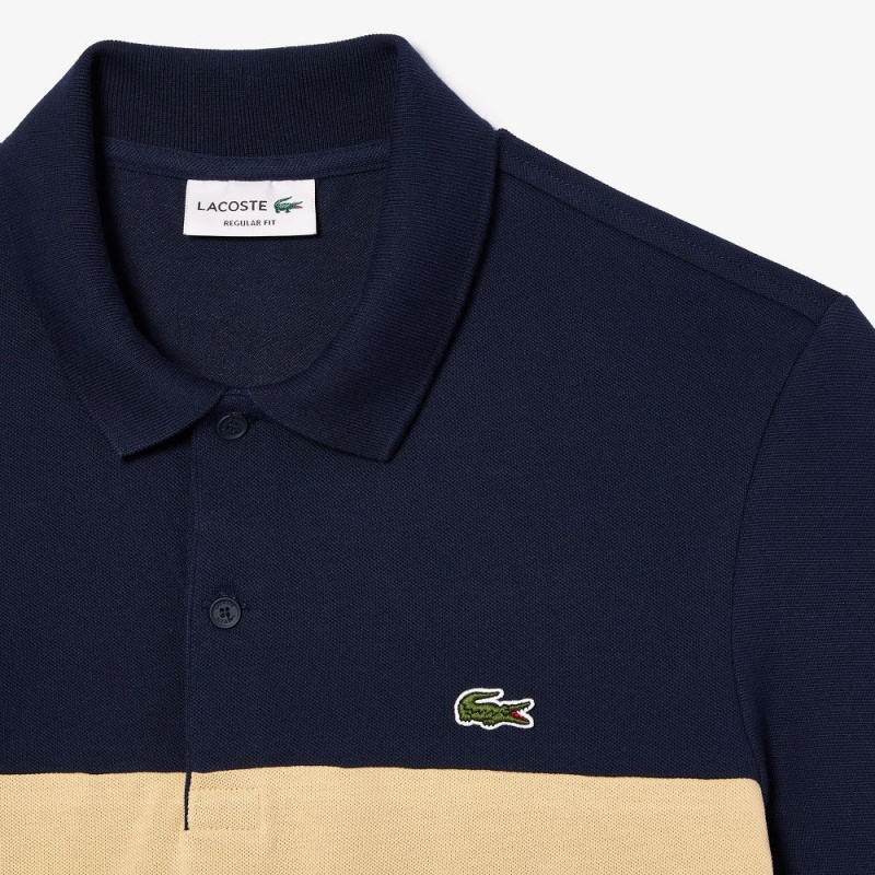 Men's Lacoste Regular Fit Stretch Piqué Colorblock Polo Shirts Navy Blue Beige | XGW670284