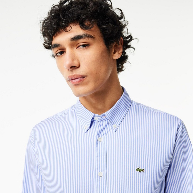 Men's Lacoste Regular Fit Striped Cotton Shirt White Blue | MDK528731