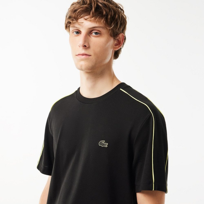 Men's Lacoste Regular Fit Technical Piqué Print T-Shirt Black Flashy Yellow | LJH365127