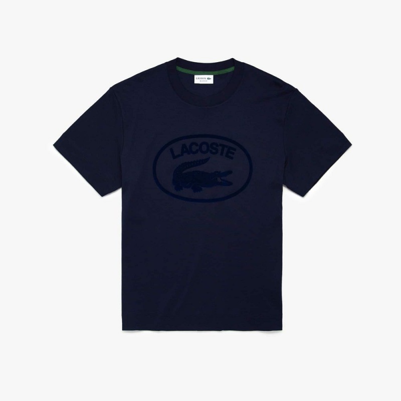 Men\'s Lacoste Relaxed Fit Branded Cotton T-Shirt Navy Blue | PJF214930