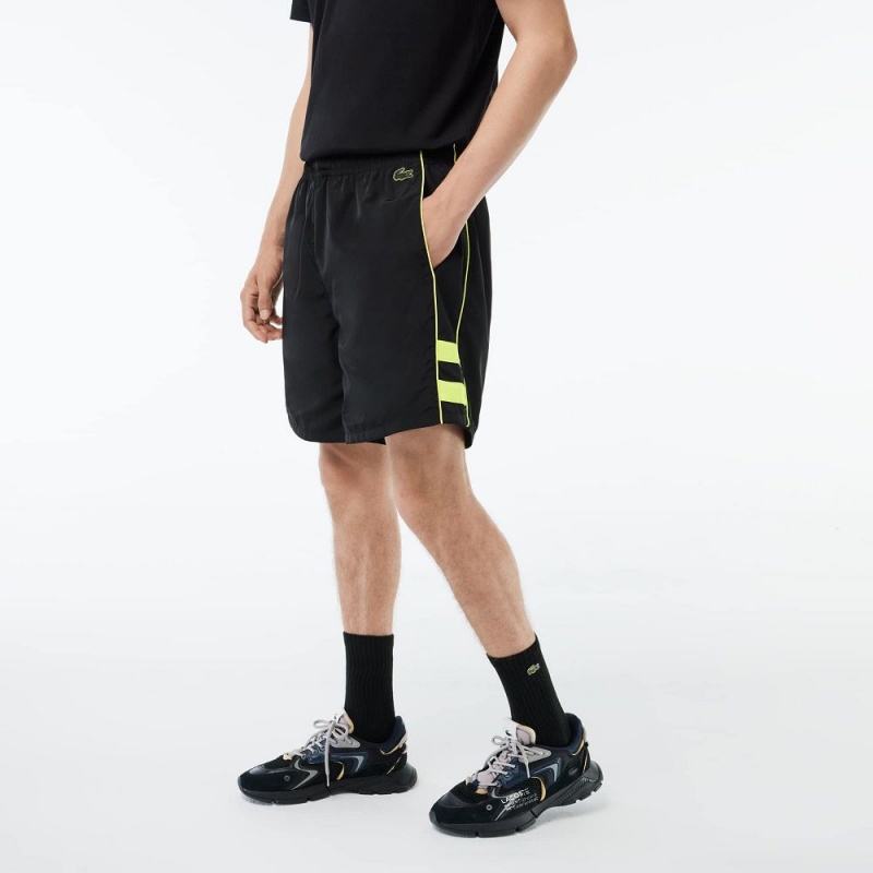 Men's Lacoste Relaxed Fit Embroidered Shorts Black Flashy Yellow | RQK596214