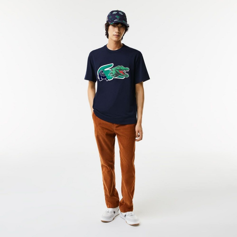 Men's Lacoste Relaxed Fit Oversized Crocodile T-Shirt Navy Blue | WVE062495