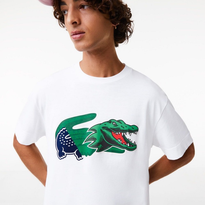 Men's Lacoste Relaxed Fit Oversized Crocodile T-Shirt White | RWA132706