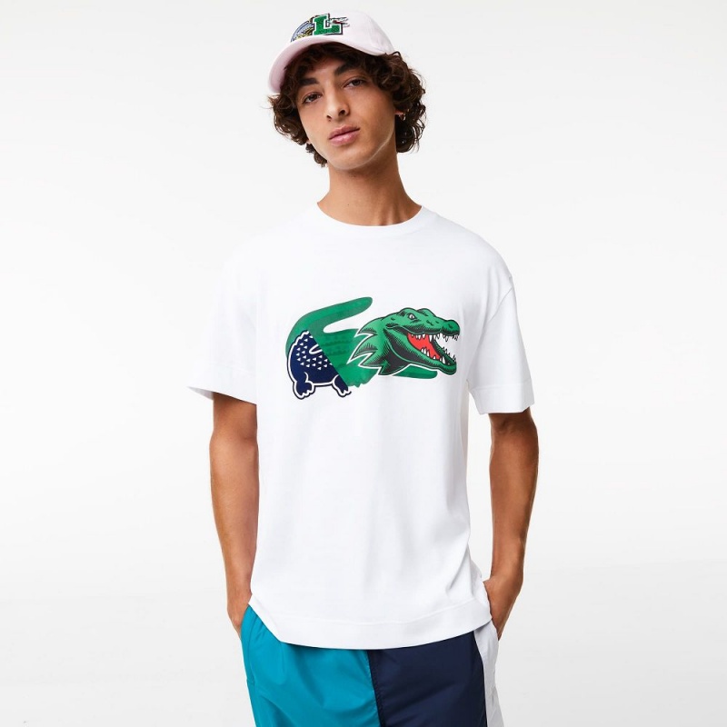 Men\'s Lacoste Relaxed Fit Oversized Crocodile T-Shirt White | RWA132706