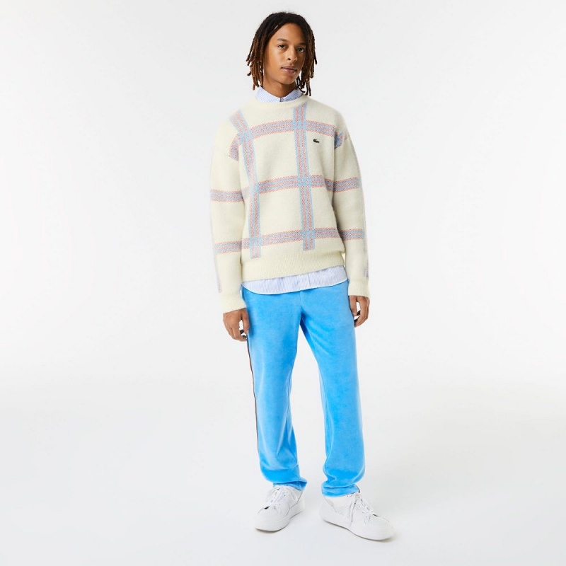 Men's Lacoste Relaxed Fit Tartan Pattern Wool Blend Sweater White Red Blue | IDZ827046