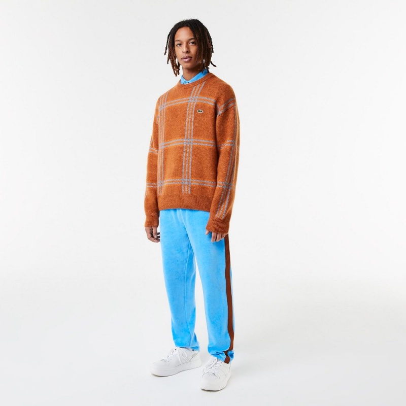 Men's Lacoste Relaxed Fit Tartan Pattern Wool Blend Sweater Brown Blue Orange | ULZ147853