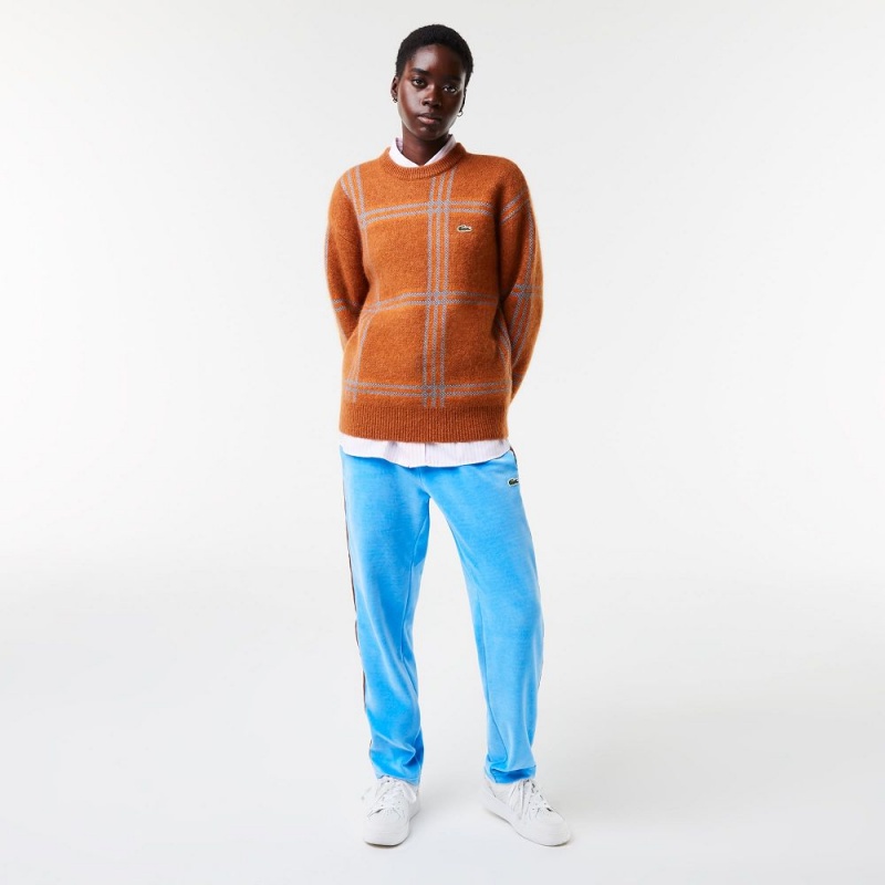 Men's Lacoste Relaxed Fit Tartan Pattern Wool Blend Sweater Brown Blue Orange | ULZ147853