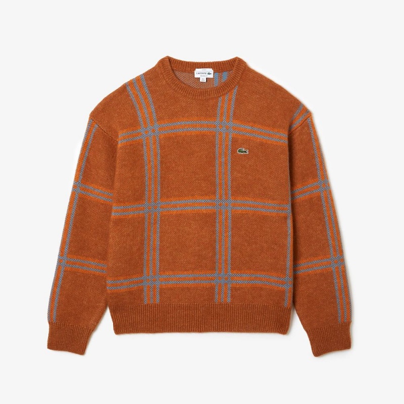 Men's Lacoste Relaxed Fit Tartan Pattern Wool Blend Sweater Brown Blue Orange | ULZ147853