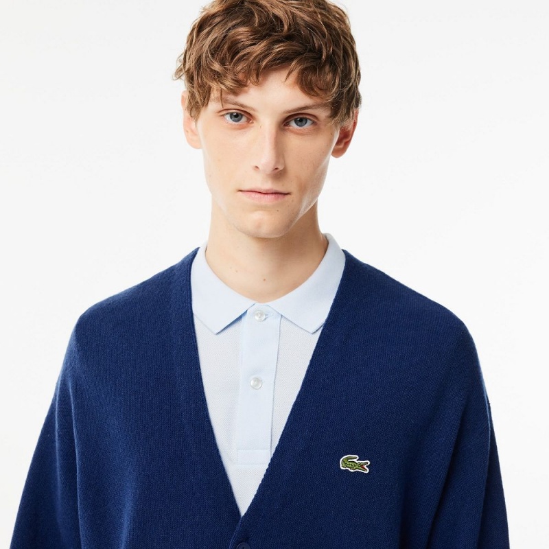 Men's Lacoste Relaxed Fit Tone-on-Tone Buttons Wool Cardigan Sweater Methylene blue | XHB362017