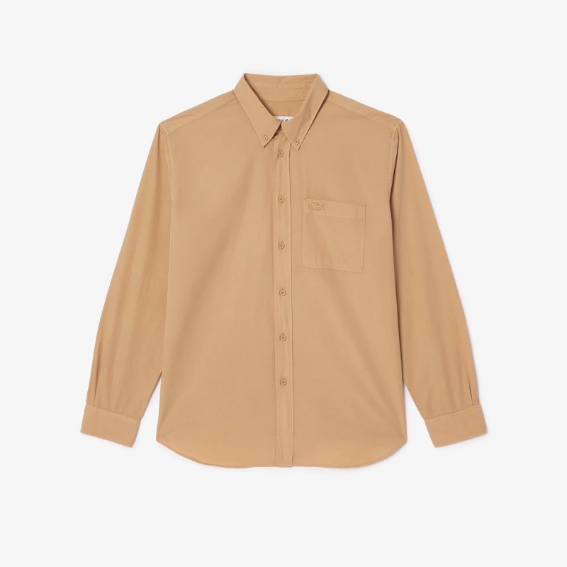 Men's Lacoste Relaxed Fit Washed Effect Poplin Shirt Beige | JOI193876