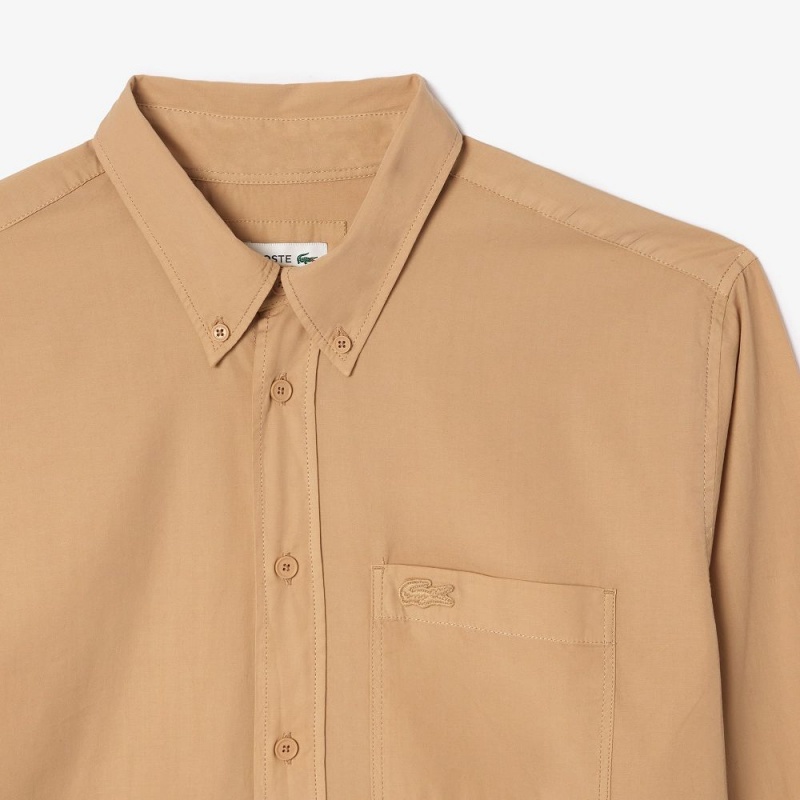 Men's Lacoste Relaxed Fit Washed Effect Poplin Shirt Beige | JOI193876