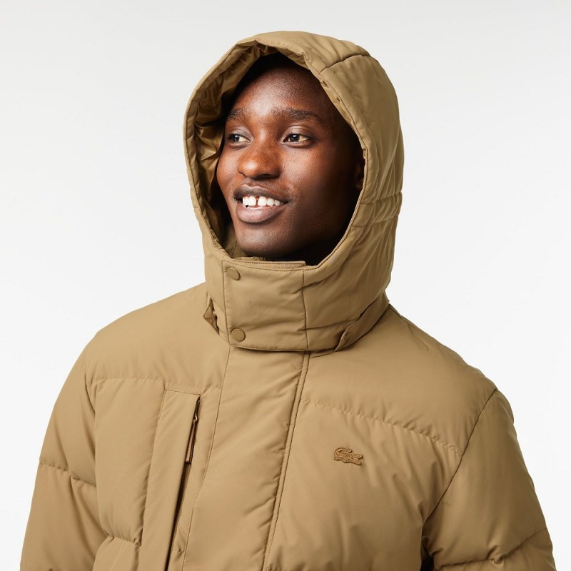 Men's Lacoste Removable Hood Midi Puffer Jackets Brown | UQZ359742