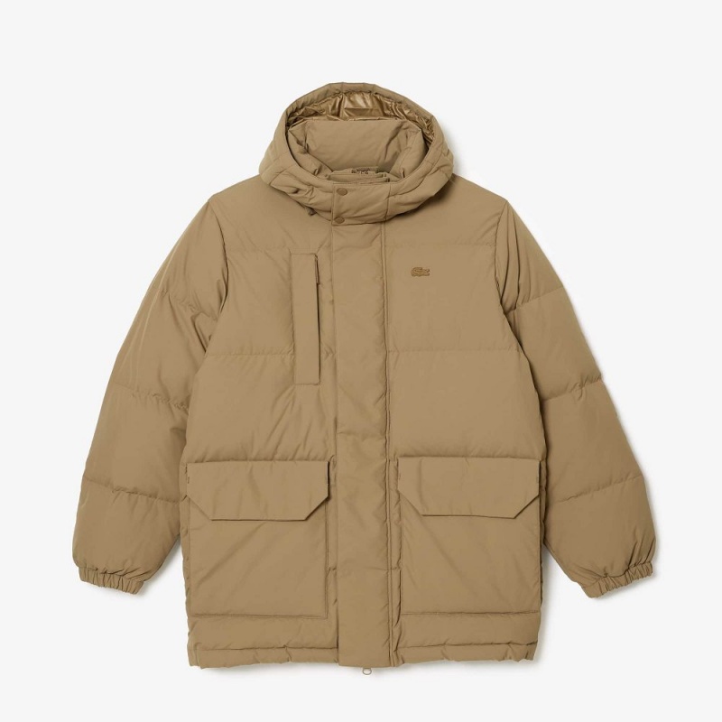 Men's Lacoste Removable Hood Midi Puffer Jackets Brown | UQZ359742