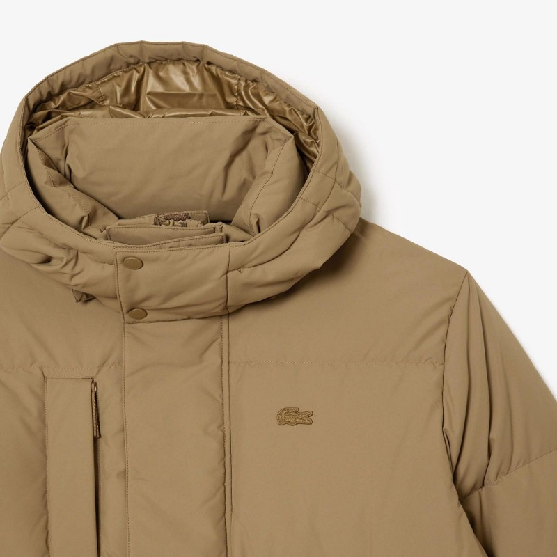 Men's Lacoste Removable Hood Midi Puffer Jackets Brown | UQZ359742