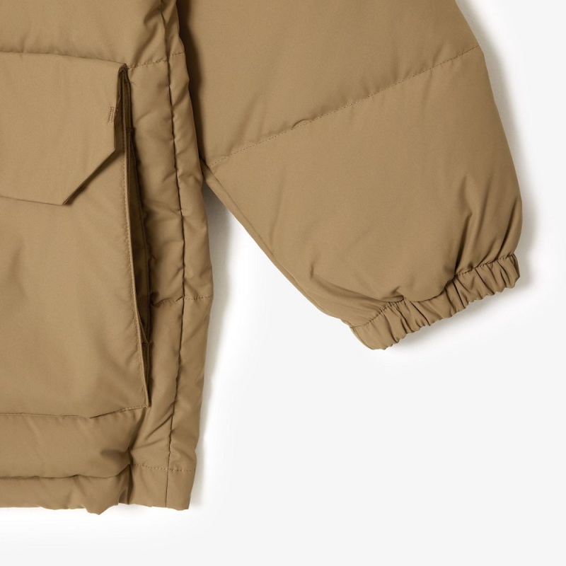 Men's Lacoste Removable Hood Midi Puffer Jackets Brown | UQZ359742