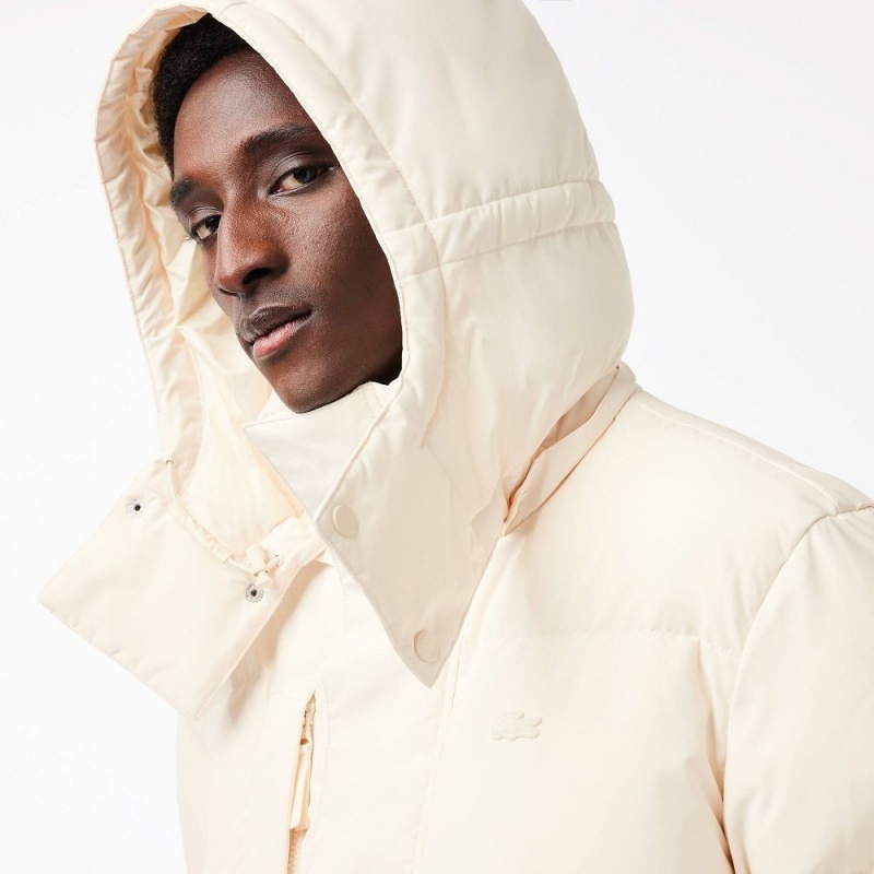 Men's Lacoste Removable Hood Midi Puffer Jackets Cream | JBU367592