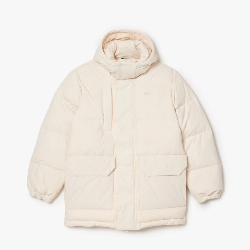 Men's Lacoste Removable Hood Midi Puffer Jackets Cream | JBU367592