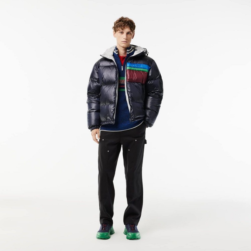 Men's Lacoste Reversible Colorblock Accent Down Jackets Navy Blue White Grey | NQC149370