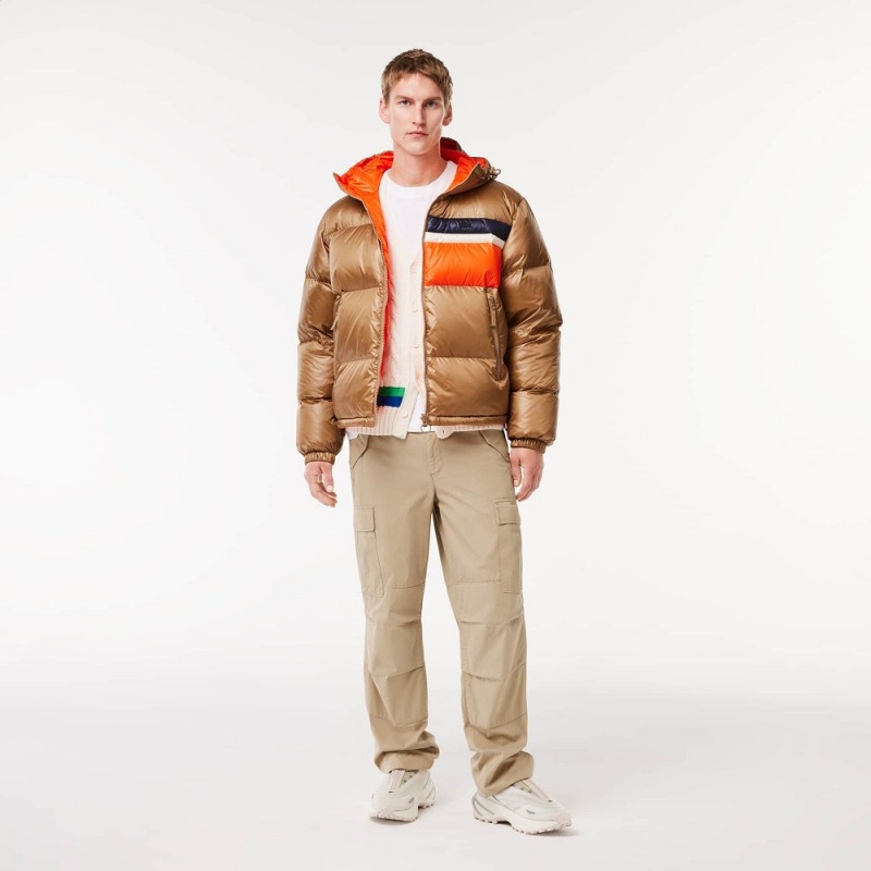 Men's Lacoste Reversible Colorblock Accent Down Jackets Brown White Orange | ARN026378