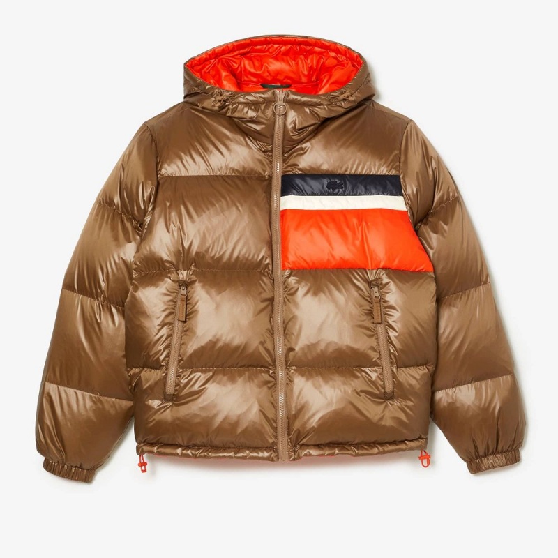 Men's Lacoste Reversible Colorblock Accent Down Jackets Brown White Orange | ARN026378