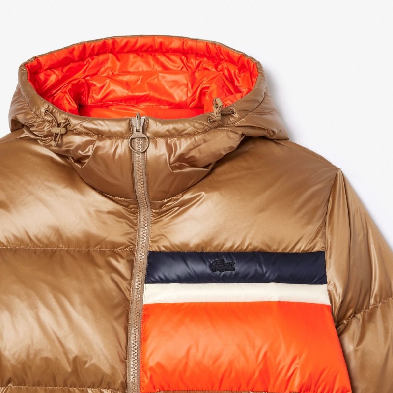 Men's Lacoste Reversible Colorblock Accent Down Jackets Brown White Orange | ARN026378