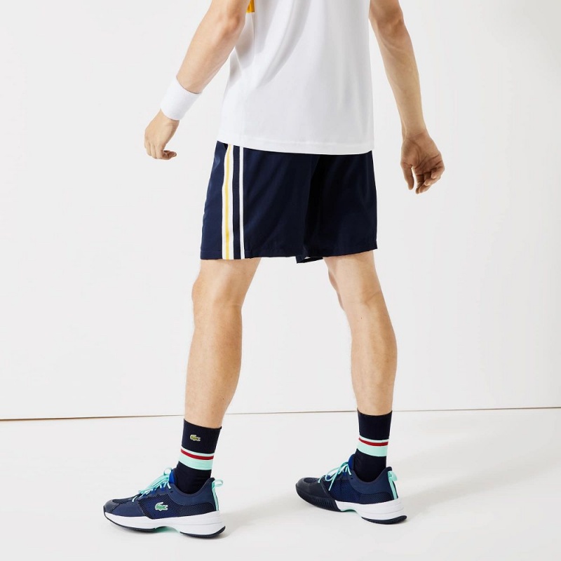 Men's Lacoste SPORT Contrast Bands Lightweight Shorts Navy Blue Yellow White | EHY364120