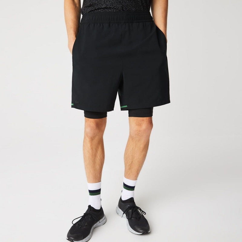 Men's Lacoste SPORT Lined Shorts Black Green White | TUL129760