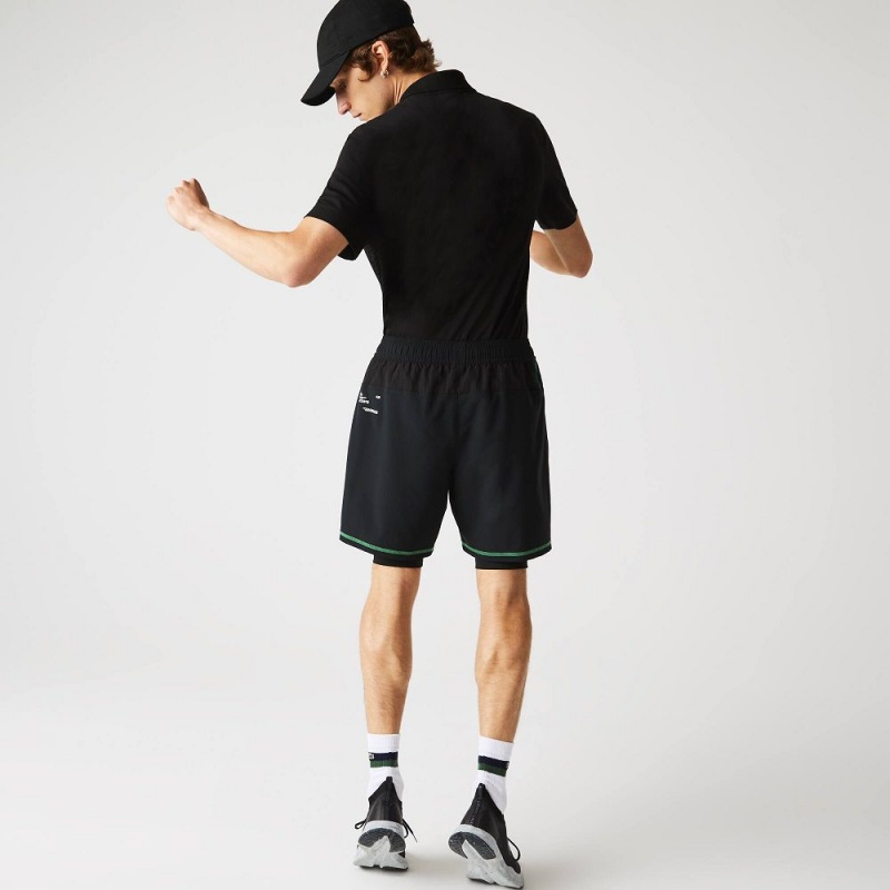 Men's Lacoste SPORT Lined Shorts Black Green White | TUL129760