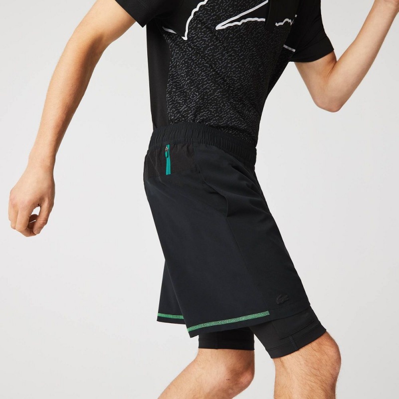 Men's Lacoste SPORT Lined Shorts Black Green White | TUL129760