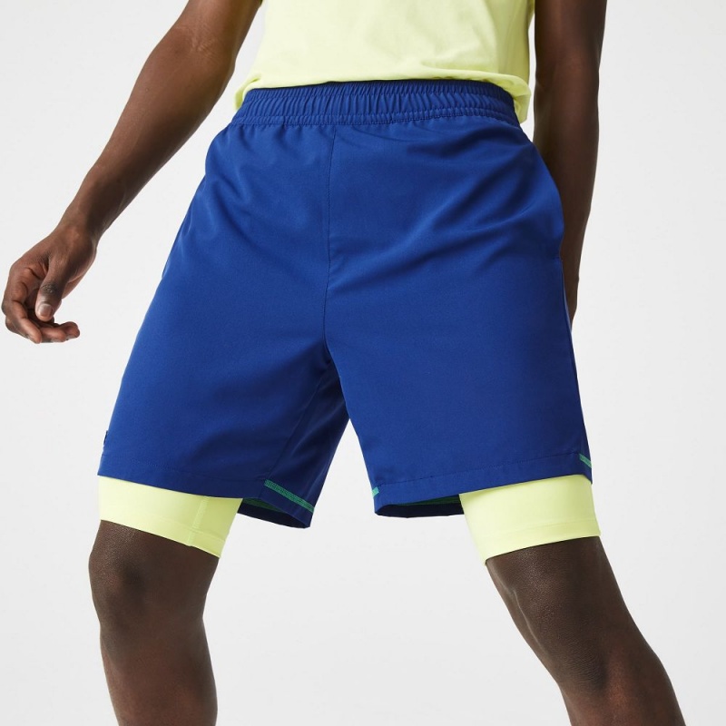 Men's Lacoste SPORT Lined Shorts Blue Flashy Yellow White | PJU231796