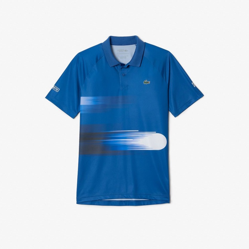 Men's Lacoste SPORT Novak Djokovic Print Stretch Polo Shirts Blue White | ERD250639