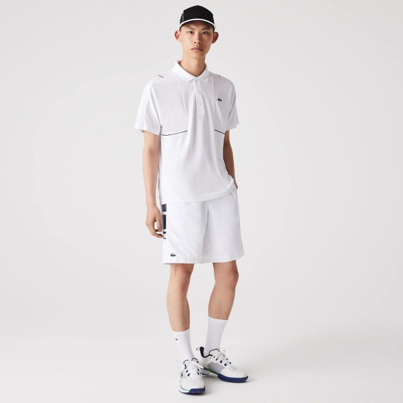 Men's Lacoste SPORT Printed Side Bands Shorts White Navy Blue | MDK316902