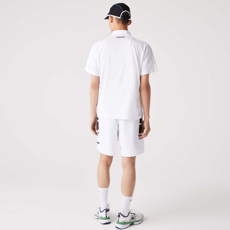 Men's Lacoste SPORT Printed Side Bands Shorts White Navy Blue | MDK316902