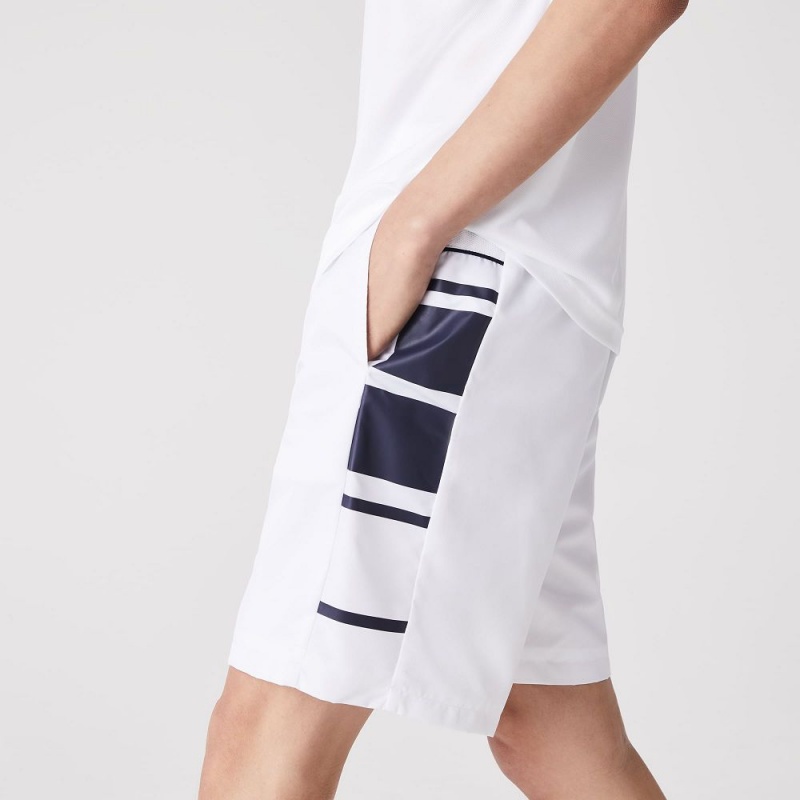 Men's Lacoste SPORT Printed Side Bands Shorts White Navy Blue | MDK316902