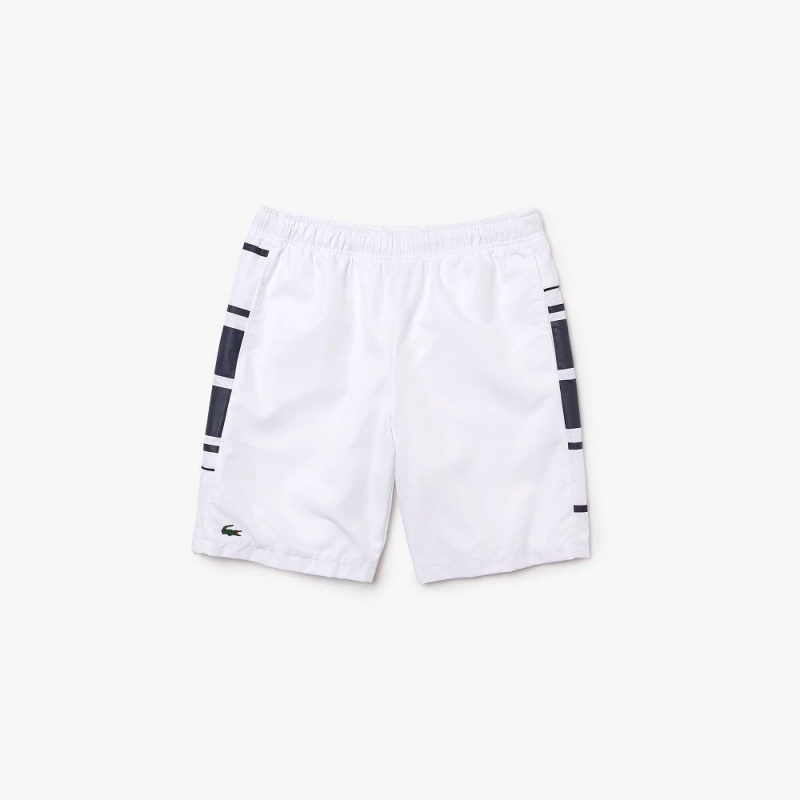 Men's Lacoste SPORT Printed Side Bands Shorts White Navy Blue | MDK316902