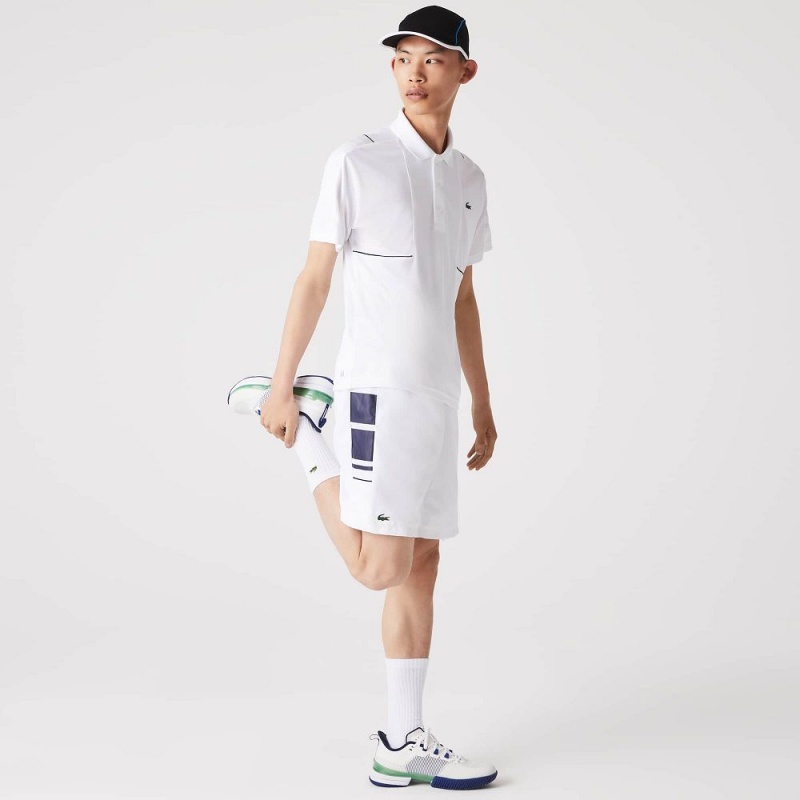 Men's Lacoste SPORT Printed Side Bands Shorts White Navy Blue | MDK316902