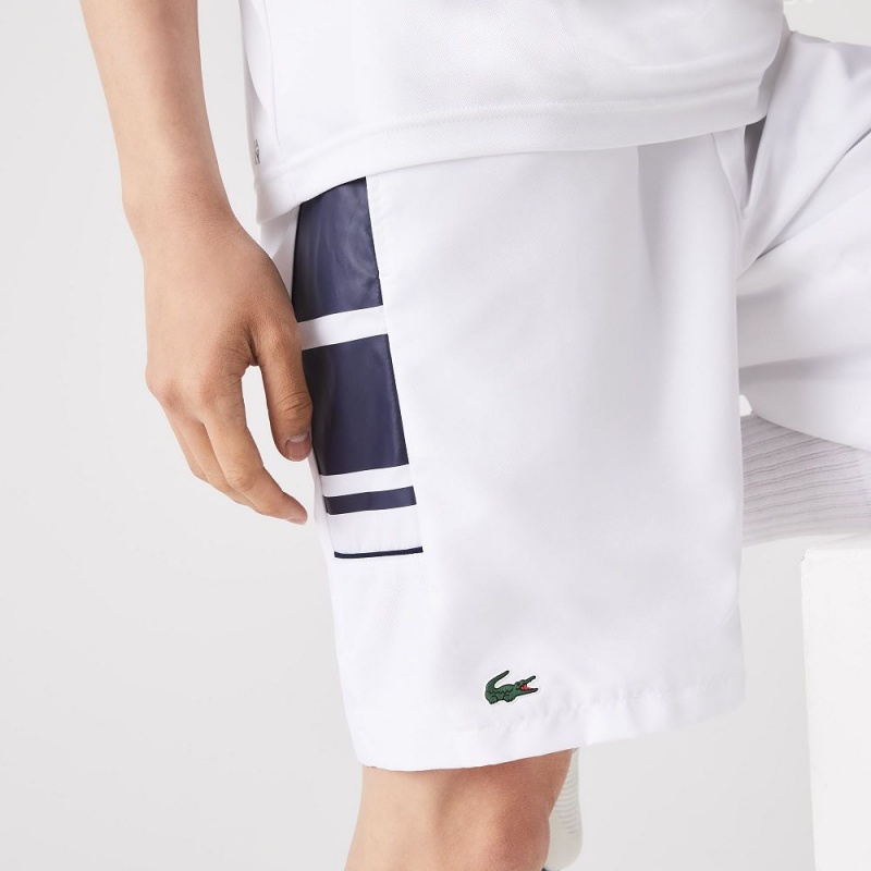 Men's Lacoste SPORT Printed Side Bands Shorts White Navy Blue | MDK316902